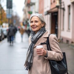Fototapeta premium Older woman enjoying a peaceful walk with coffee in an urban autumn setting