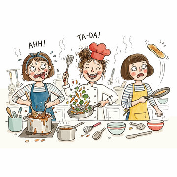 Chaos in kitchen with three women cooking messy meal and tossing vegetables.