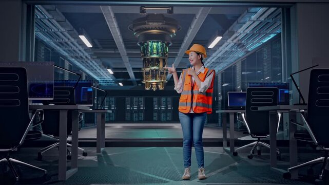 Full Body Of Asian Female Engineer With Safety Helmet Smiling And Pointing To Side While Standing at Futuristic Quantum Computer Data Center Control Room