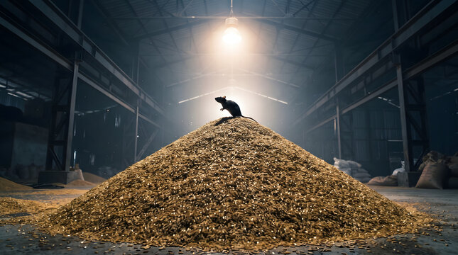A rat stands on top of a large pile of harvested grain under a dramatic spotlight inside a dark industrial warehouse.