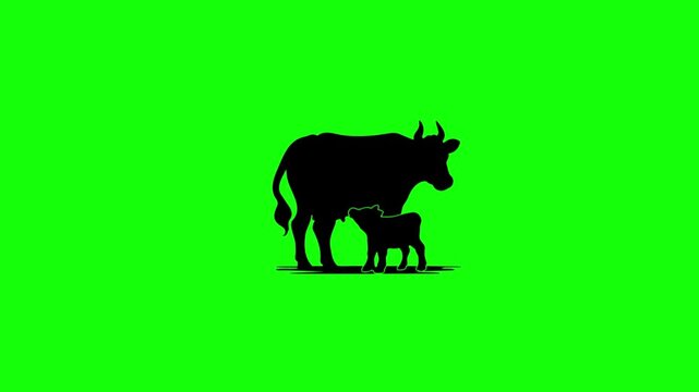 Black and white cow standing in green field. Silhouette of dairy livestock against vibrant neon background. Minimalist farm animal for modern desig...
