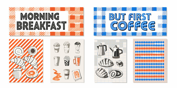 collection of retro breakfast and coffee items vector illustration croissant donut mug ice cream egg pot pattern stripes plaid orange