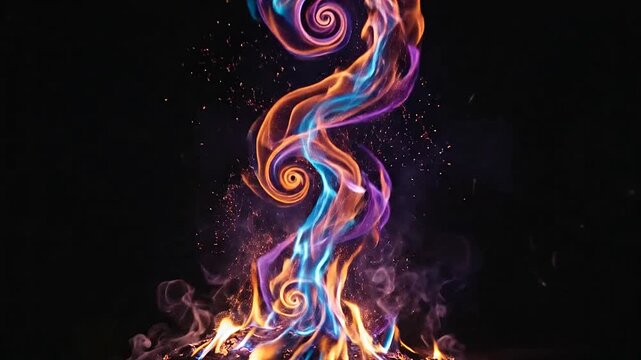 Vibrant swirling flames rise against a dark black background