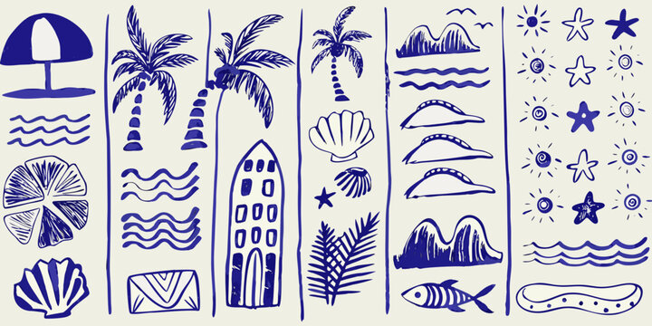 hand drawn blue summer beach doodles on white background palm tree shell surfboard starfish fish umbrella waves mountain seaweed pattern