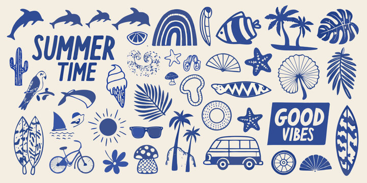 summer surf and beach elements vector illustration set in blue dolphins rainbow fish palm trees seashells sunglasses surfboards bike van