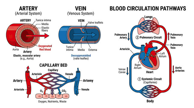 Human Blood Circulation Pathways: Artery, Vein, Capillary Bed, and Heart Diagram