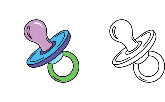 Cute baby pacifier vector illustration. Colored and black and white line art set. Baby dummy or soother icon design for kids coloring book or parenting graphics.