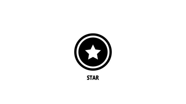 Black star icon inside a circle with the text STAR below on a white background symbol rating