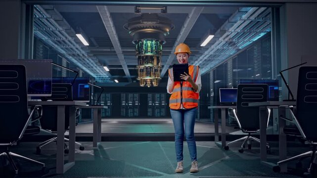 Full Body Of Asian Female Engineer With Safety Helmet Working On A Tablet While Standing at Futuristic Quantum Computer Data Center Control Room