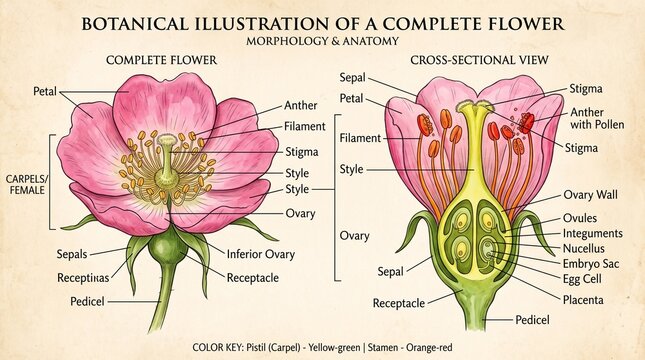 Botanical Illustration of a Complete Flower Showing Morphology and Anatomy with Detailed Labels