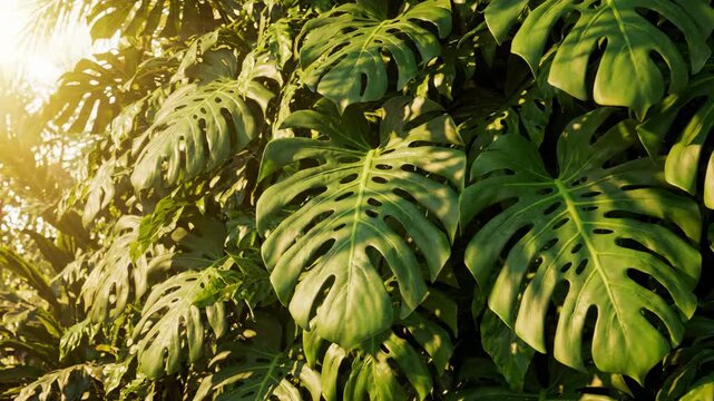 Lush Green Monstera Leaves Bathed in Golden Sunlight.