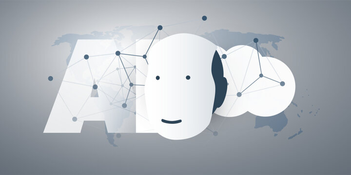 Futuristic Grey and White Machine Learning, Artificial Intelligence, Cloud Computing and Global Networks Concept  - Vector Design with Robot Face, Cloud Symbol and Big AI Label, Global Digital Network