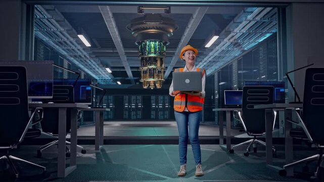 Full Body Of Asian Female Engineer With Safety Helmet Working On A Laptop And Looking Around While Standing at Futuristic Quantum Computer Data Center Control Room