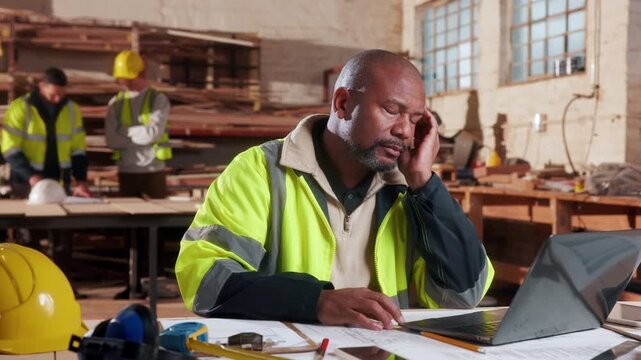 Man, carpenter and headache at laptop with stress, project mistake or incompetent workers in factory. Mature person, tech or migraine in workshop for late delivery, compliance error or deadline delay