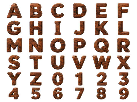 3D wooden alphabet font set. Realistic wood texture letters and numbers pack isolated on transparent background for mockup.
