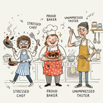 Three chefs with distinct cooking experiences, a stressed chef, a proud baker, and an unimpressed taster.