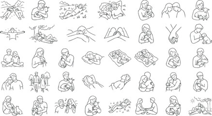 Fototapeta premium Vector illustration of people and animals in various affectionate and happy poses, showing love and care in a simple line art style on a white background.