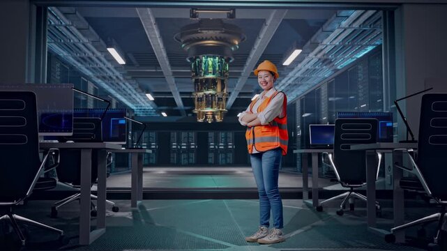 Full Body Side View Of Asian Female Engineer With Safety Helmet Crossing Her Arms And Looking Around While Standing at Futuristic Quantum Computer Data Center Control Room