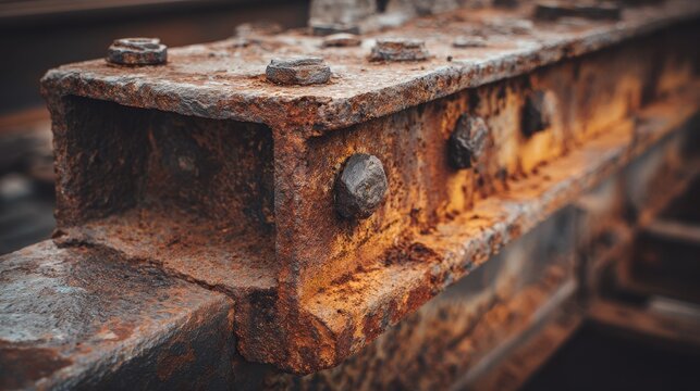 Close up view of rusted steel girders showing layers of weathered metal at an industrial site during daylight