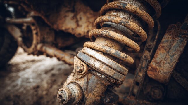 Close up detail shows dirt and grime on a vehicle suspension system found on a muddy site during a cloudy day