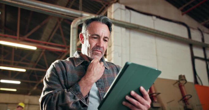 Carpentry, thinking and man in workshop with tablet, inspection and online order for timber production. Tech, carpenter and mature person with checklist for inventory, lumber business and woodworking