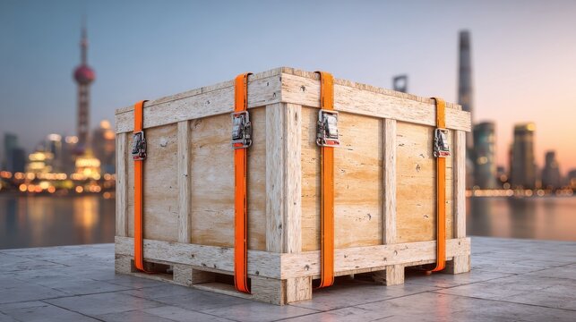 Wooden crate secured with orange straps ready for shipping in a city location with skyline and river view during sunset