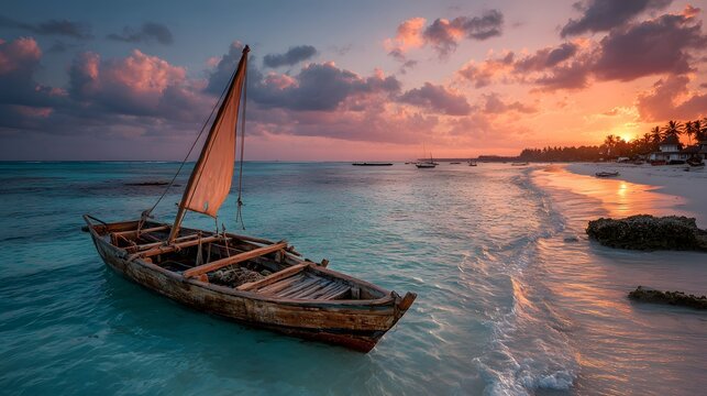 Traditional dhow sailboat near sandy beach shore during sunset in Zanzibar.