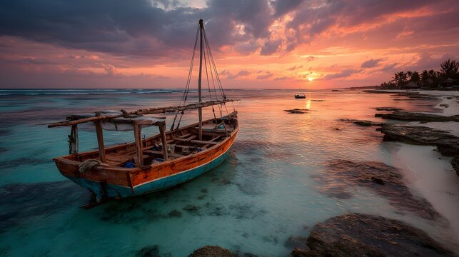 Traditional wooden boat anchored in turquoise water at sunset in Zanzibar.