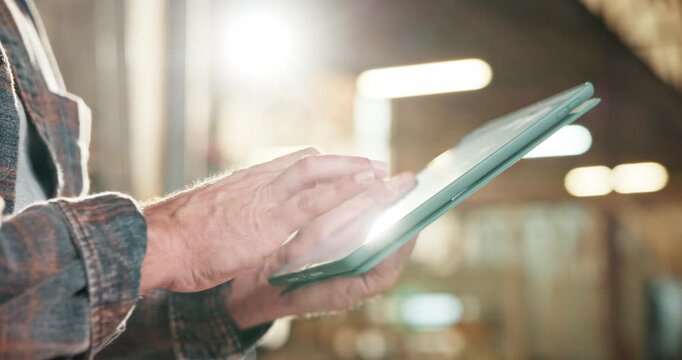 Man, hands and woodworker with tablet in workshop for research with online order confirmation. Digital technology, feedback and carpenter with email for timber manufacturing process in warehouse.