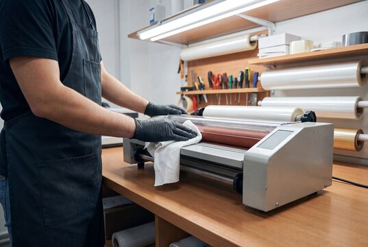 Industrial Print Shop Technician Maintaining Laminating Machine Rollers