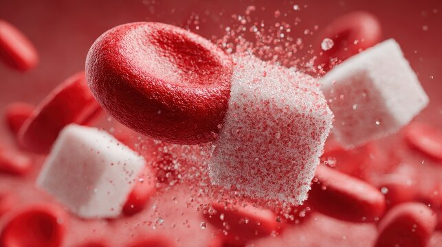 Red blood cell interacts with sugar cubes to show the impact of diabetes on health and blood flow in the body