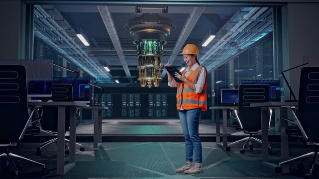 Full Body Side View Of Asian Female Engineer With Safety Helmet Taking Note On The Tablet And Looking Around While Standing at Futuristic Quantum Computer Data Center Control Room