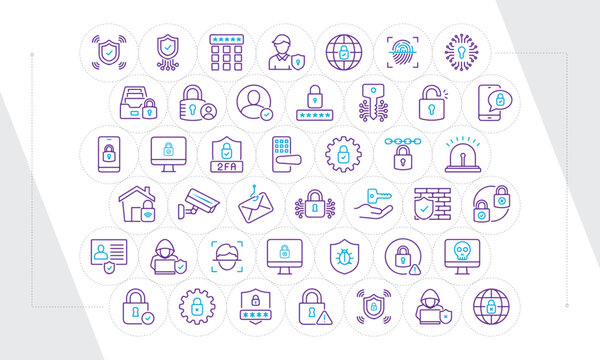 Cyber Security Line Icons Set Purple Blue Gradient &ndash; Data Protection, Privacy, Authentication and Network Security Vector Collection