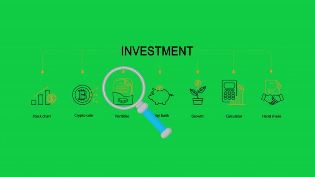 Investment outline icon with magnifying glass highlighting financial, symbolizing analysis, focus, and strategic decision making in business and finance in green screen background 