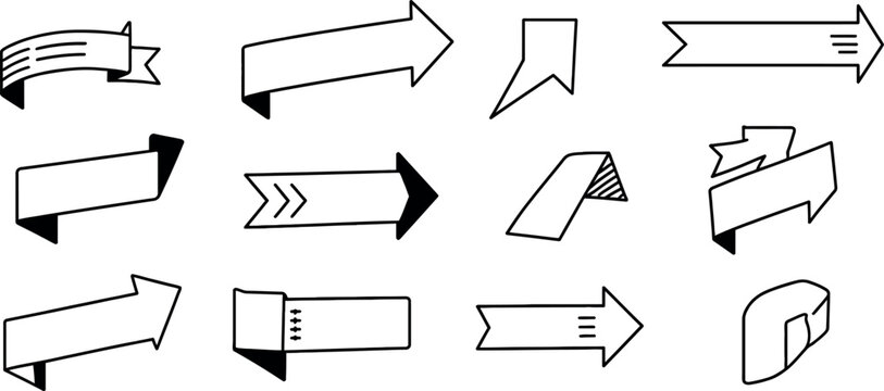 Hand drawn doodle style ribbon arrow banners and label shapes