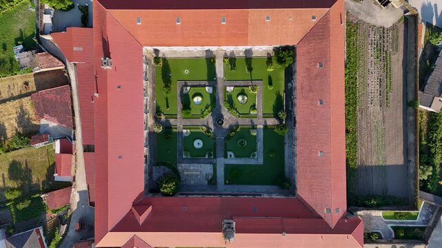 Aerial descending view of Santa Clara convent in Allariz, Spain