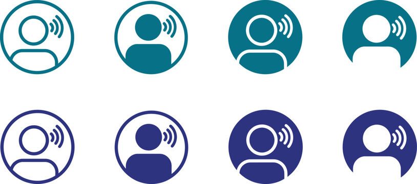 Set of voice and communication user profile icons in flat blue and purple circular designs.