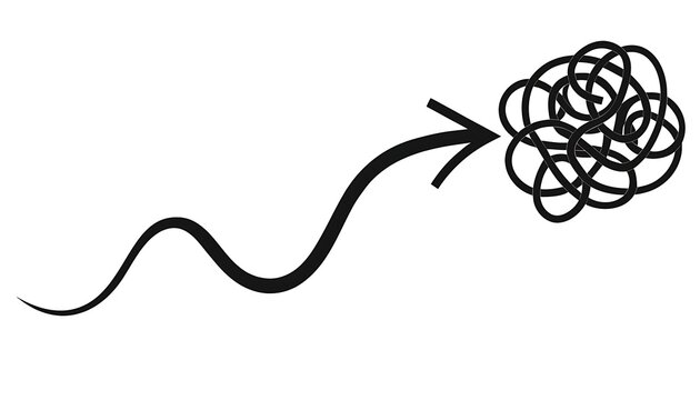 Minimalist continuous line drawing showing an arrow pointing to a tangled knot