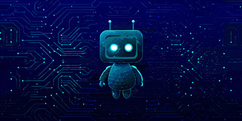 A cute robot stands amidst a complex network of glowing circuitry © Endrajit