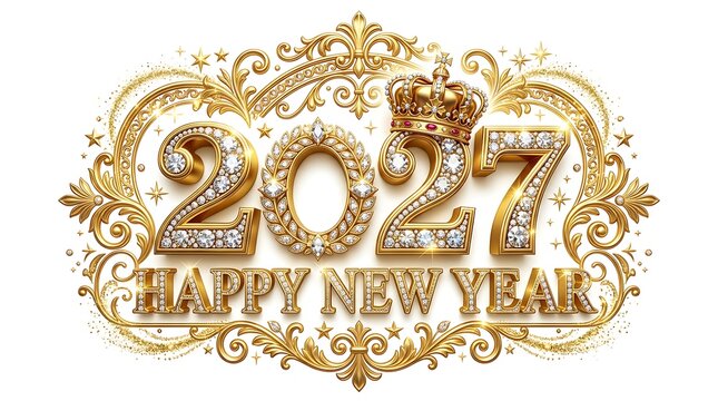 Elegant gold 2027 happy new year sign with luxurious diamond typography and intricate ornamental border isolated on white background.