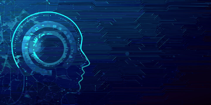 Digital human head silhouette with glowing circuitry and abstract background