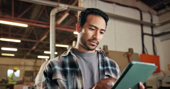 Man, thinking and carpenter with tablet in workshop for research with online order confirmation. Digital technology, planning and woodworker with ideas for timber manufacturing process in warehouse.