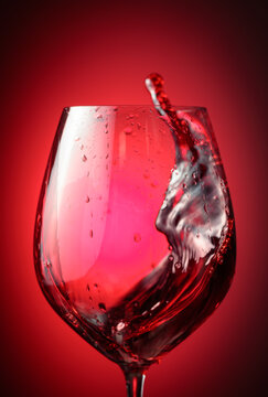 Wine glass with red liquid frozen in movement.