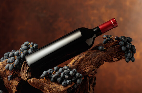Unopened bottle of red wine, blue grapes, and weathered snag.