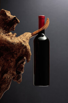 Unopened bottle of red wine and old weathered snag.