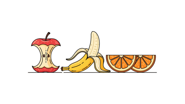 Minimalist Fruit Illustration featuring apple core, peeled banana, and orange slices in flat line art style. Ideal for healthy eating blogs and nutrition infographics.