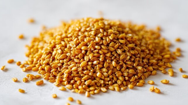 Golden groats arranged in a small pile on a clean surface during daylight hours showcasing their texture and color
