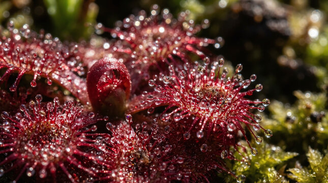 Drosera sundew carnivorous plant glistening sticky tentacles macro
