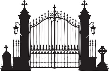 Obraz premium Gothic Cemetery Entrance Gate Black Halloween Silhouette Vector
