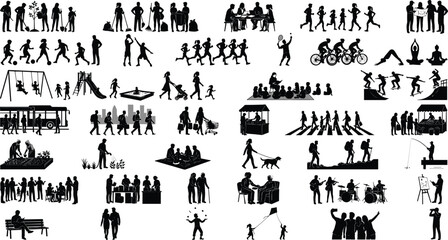 Fototapeta premium Community Lifestyle People Silhouette Collection with Recreation Work Sports and Family Activities